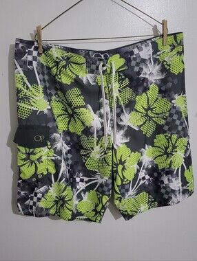Ocean Pacific Board Shorts Men Grey Lime Green Floral Size XL (42" Waist)